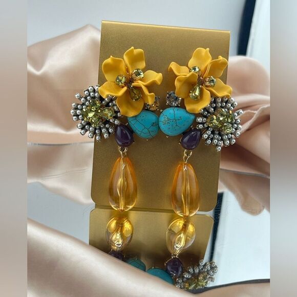 Vibrant Boho Floral and Gemstone Drop Earrings - Picture 6 of 8